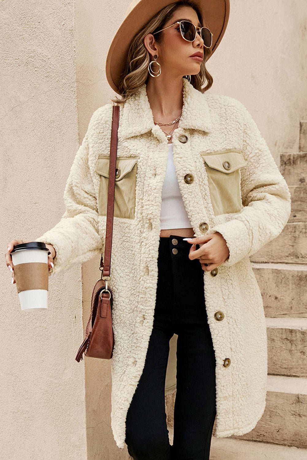 Beige Contrast Teddy Coat