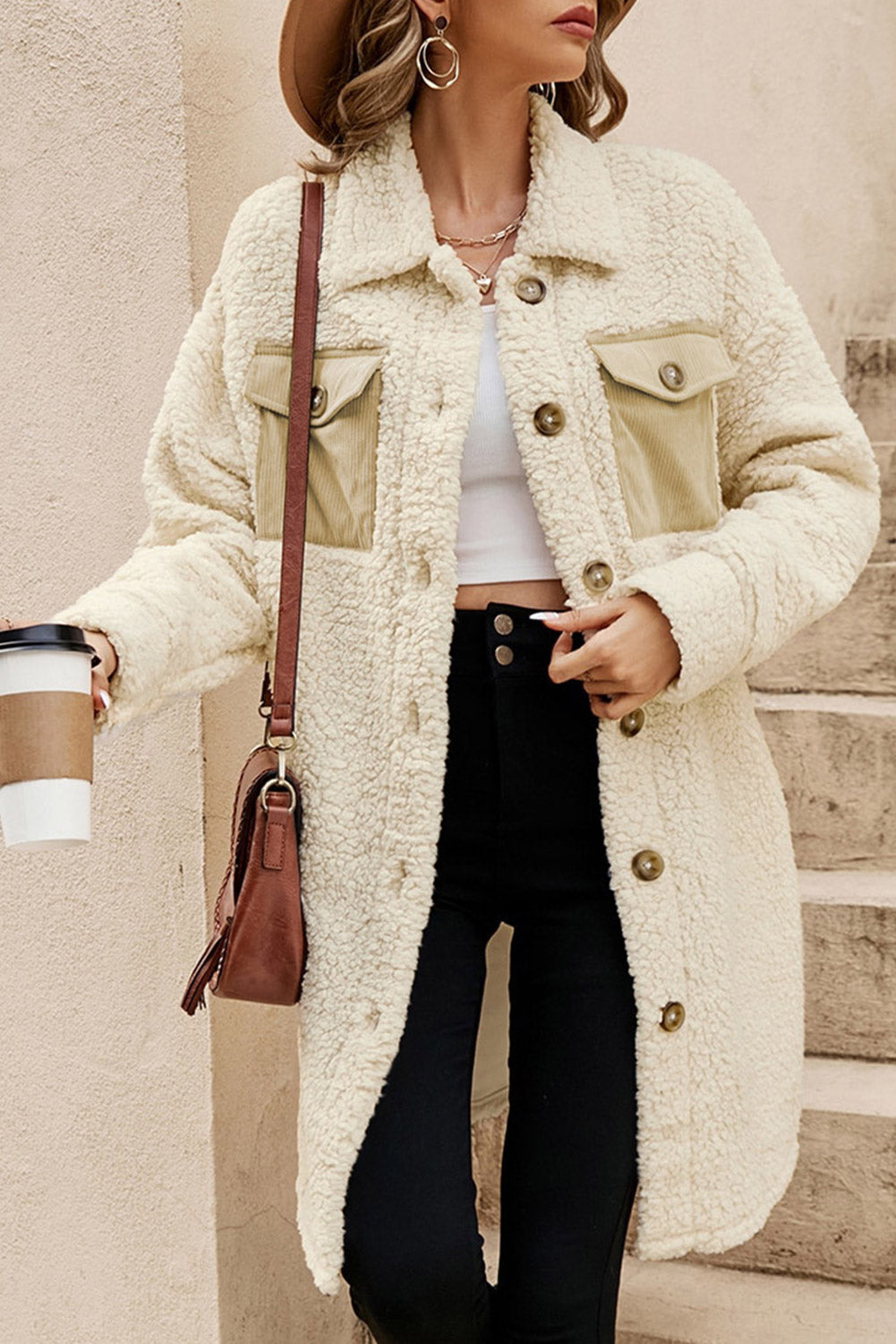 Beige Contrast Teddy Coat