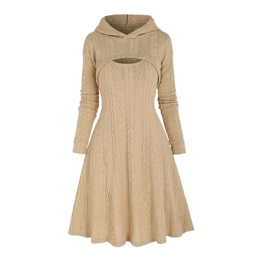 Elegant Knit Set – Long Sleeve Hooded Top & Halter Knee-Length Dress